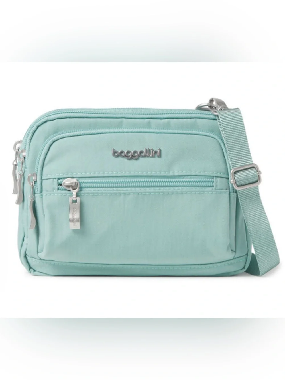 Baggallini Triple Zip Bagg, lightweight nylon crossbody, light blue color, EUC